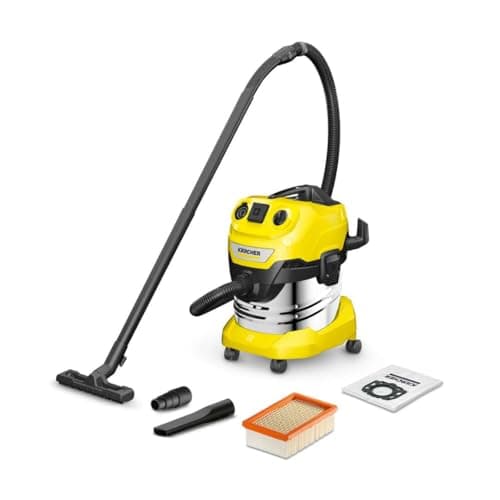 Kärcher WD 4 P S V-20/5/22 Nass-& Trockensauger, 20 l Edelstahlbehälter, 1000 W, 5 m Kabel, 2,2 m Saugschlauch, mit Gerätesteckdose, Clips-Bodendüse, „Pull & Push“-Verschlusssystem, Gelb