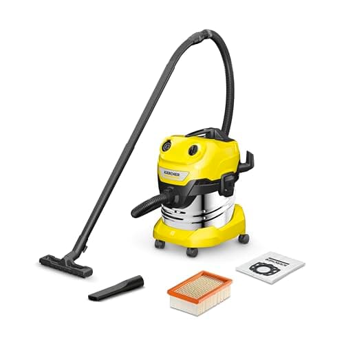 Kärcher WD 4 S V-20/5/22 Nass-& Trockensauger, 20 l Edelstahlbehälter, 1000 W, 5 m Kabel, 2,2 m Saugschlauch, Clips-Bodendüse, „Pull & Push“-Verschlusssystem, Gelb